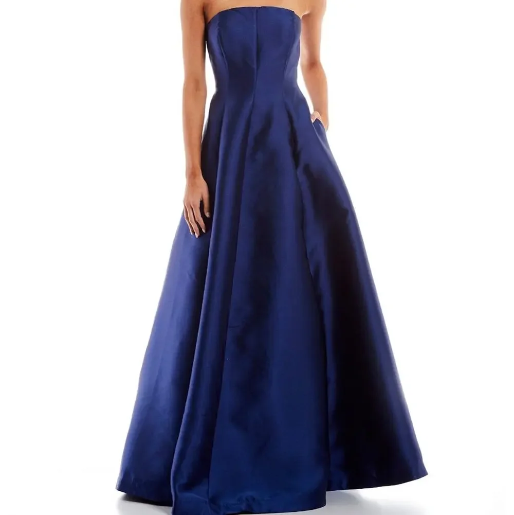 Blue Mikado Strapless Prom Dress Formal Homecoming Gown